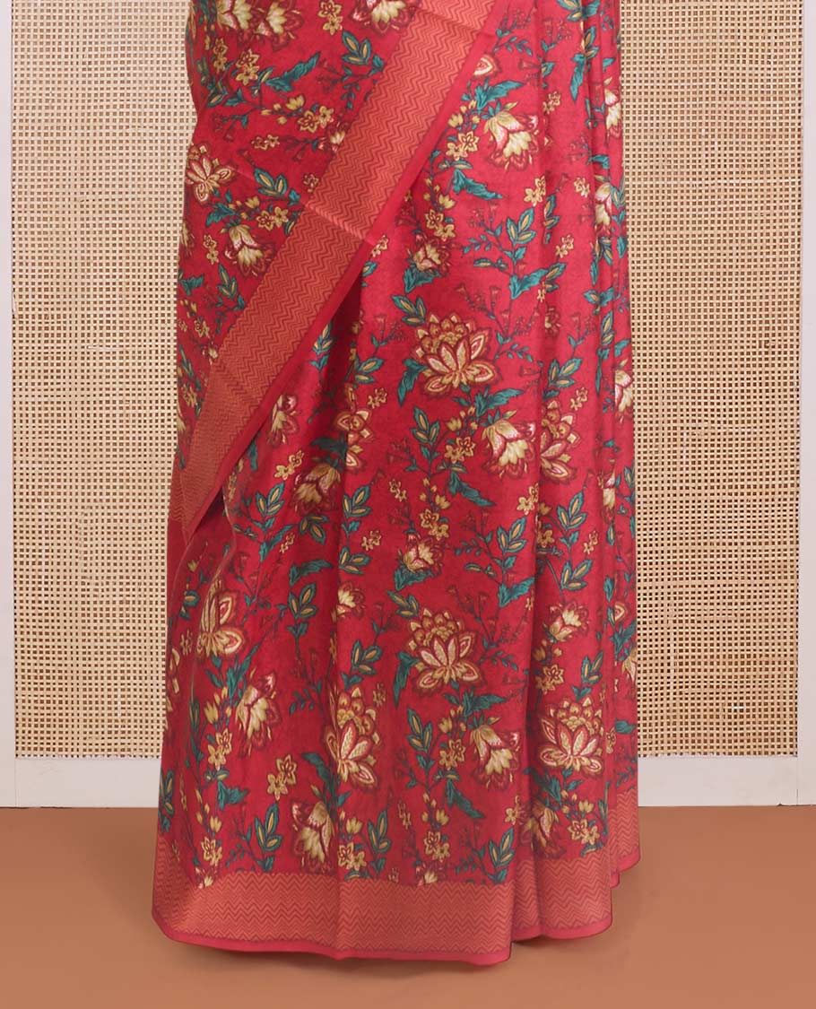 Red floral motifs printed silk saree, chevron striped border, and pallu of chevron stripes