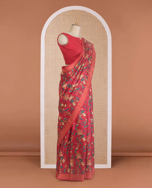 Red floral motifs printed silk saree, chevron striped border, and pallu of chevron stripes