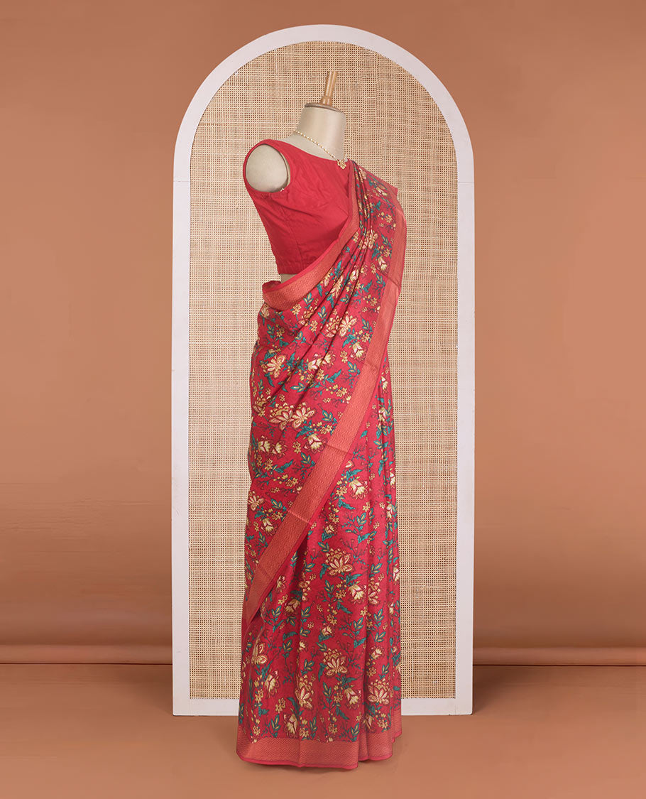Red floral motifs printed silk saree, chevron striped border, and pallu of chevron stripes
