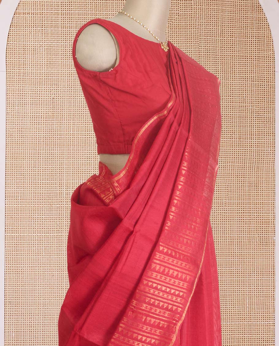 Red plain dupion silk saree, zari border and pallu of temple, and geometric designs