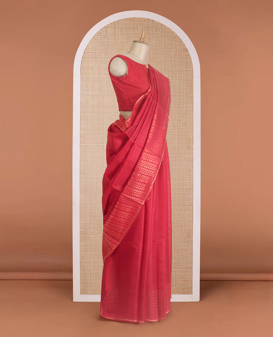 Red plain dupion silk saree, zari border and pallu of temple, and geometric designs