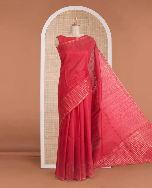 Red plain dupion silk saree, zari border and pallu of temple, and geometric designs