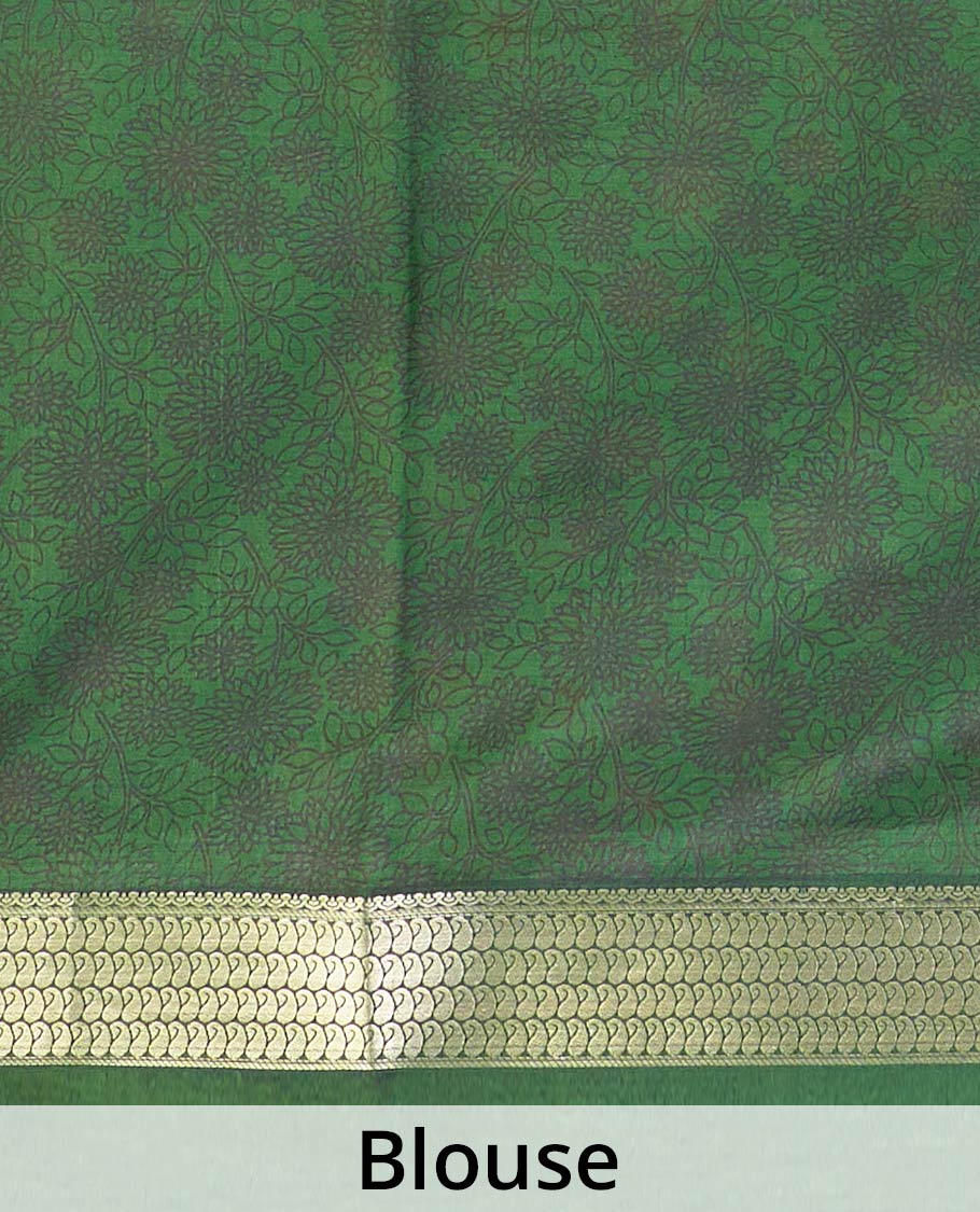 Green floral motifs printed silk saree, paisley zari motifs border, and pallu of stripes