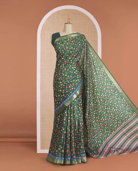 Green floral motifs printed silk saree, paisley zari motifs border, and pallu of stripes