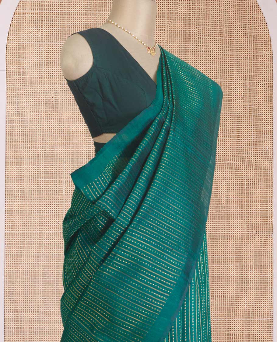 Borderless green dupion silk saree with stripes, and polka dots, zari rich pallu