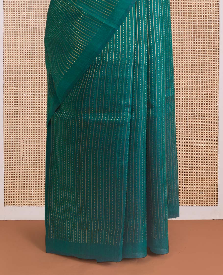 Borderless green dupion silk saree with stripes, and polka dots, zari rich pallu