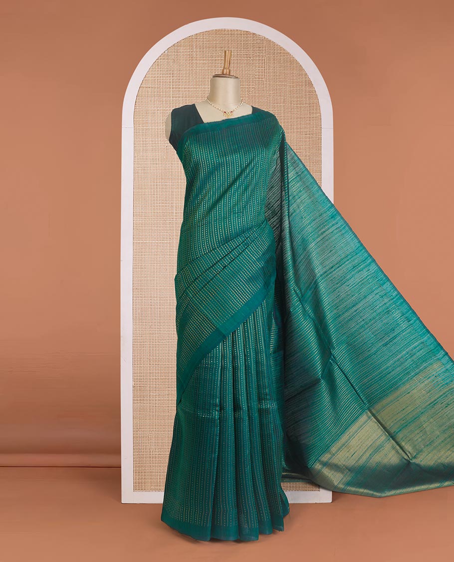 Borderless green dupion silk saree with stripes, and polka dots, zari rich pallu