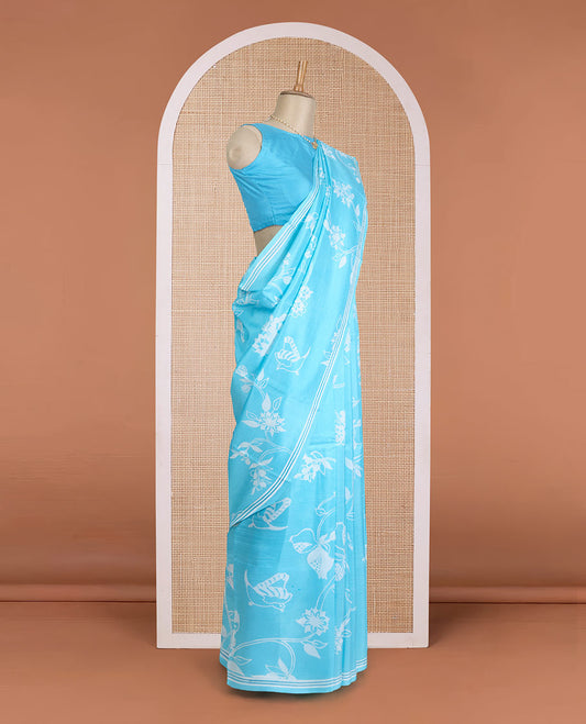 Blue floral vine design printed silk saree, self-border, and contrast pallu of unique print
