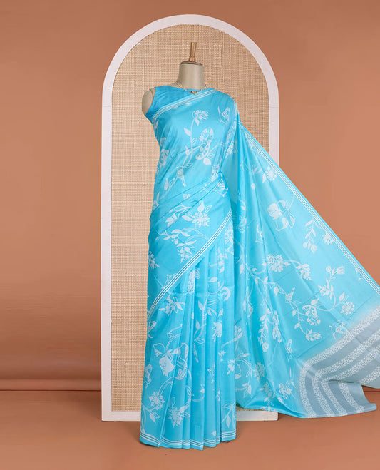 Blue floral vine design printed silk saree, self-border, and contrast pallu of unique print