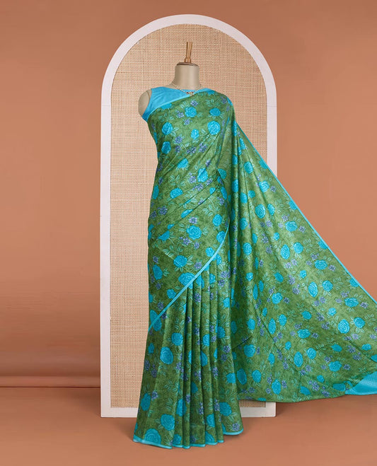 Borderless green floral vine printed silk saree, contrast chevron stripes printed pallu