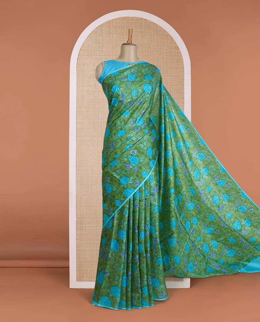 Borderless green floral vine printed silk saree, contrast chevron stripes printed pallu