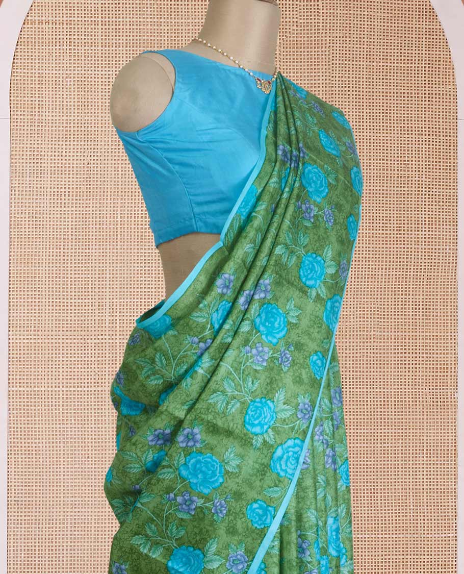 Borderless green floral vine printed silk saree, contrast chevron stripes printed pallu