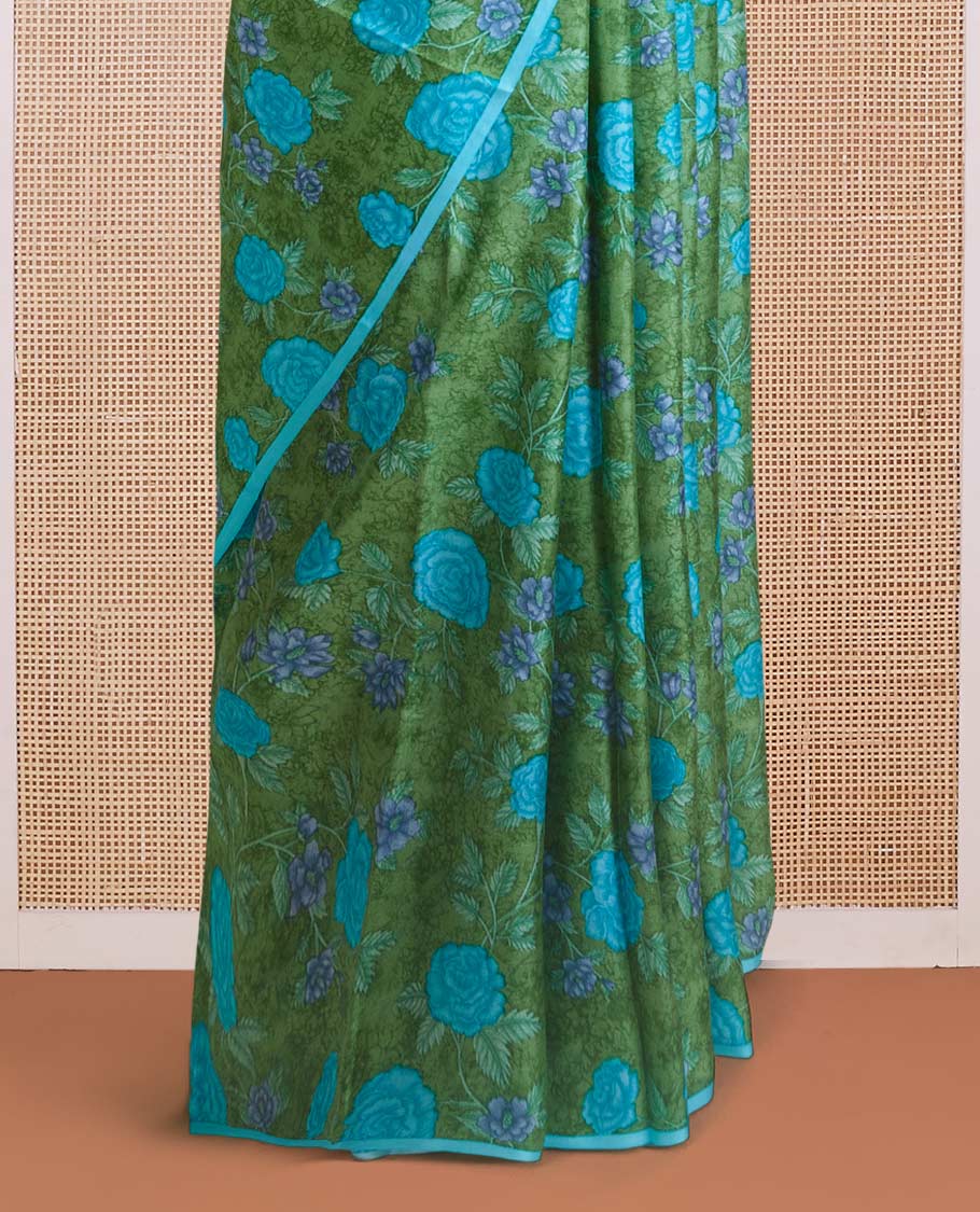 Borderless green floral vine printed silk saree, contrast chevron stripes printed pallu