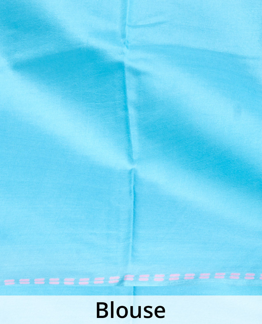 Borderless blue big polka dotted printed silk saree, sparsely polka dots printed pallu