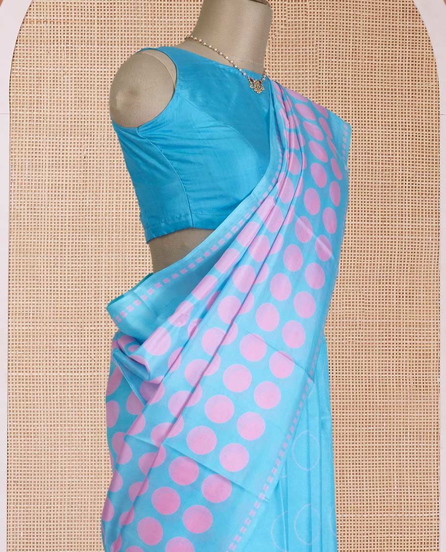 Borderless blue big polka dotted printed silk saree, sparsely polka dots printed pallu