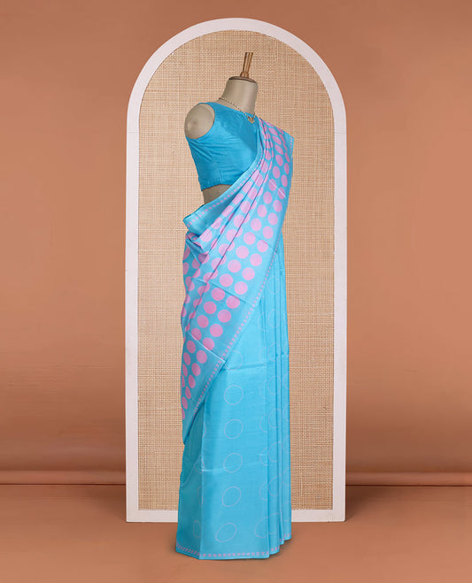 Borderless blue big polka dotted printed silk saree, sparsely polka dots printed pallu