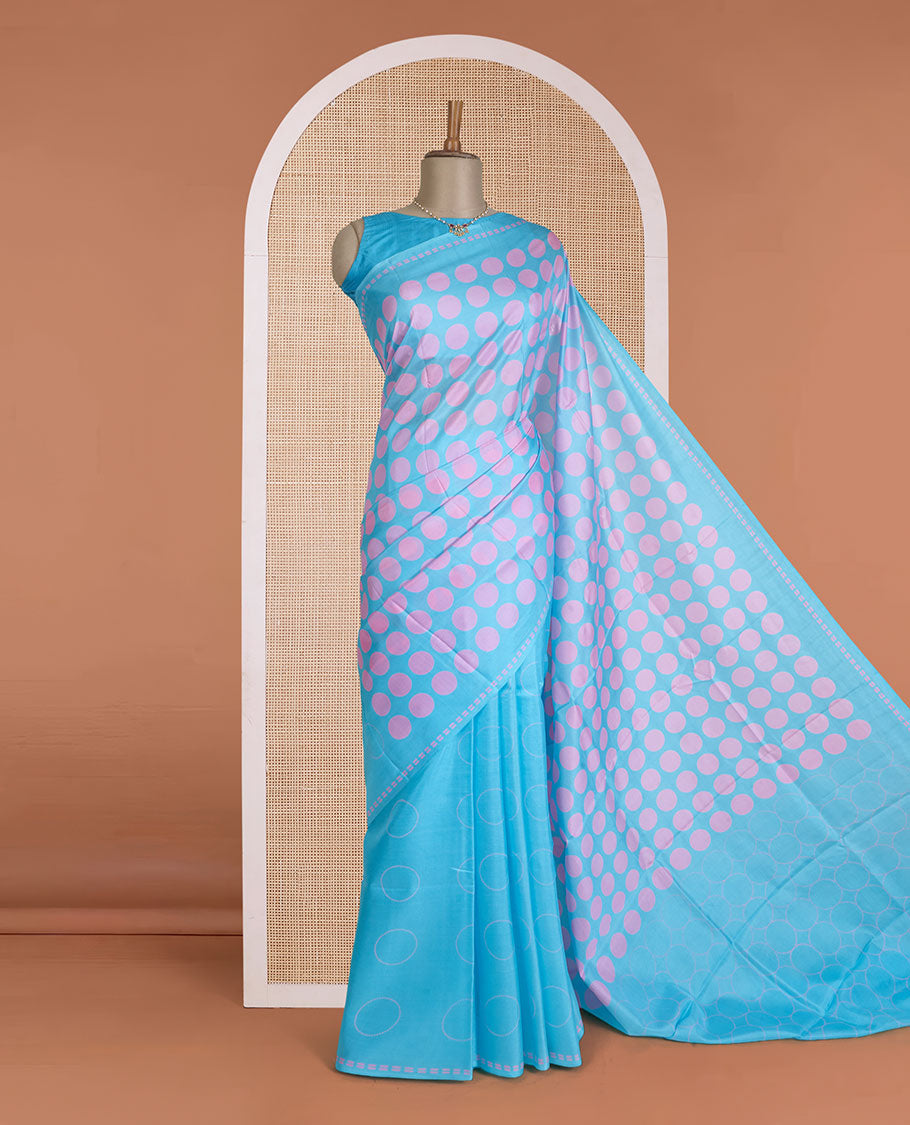 Borderless blue big polka dotted printed silk saree, sparsely polka dots printed pallu