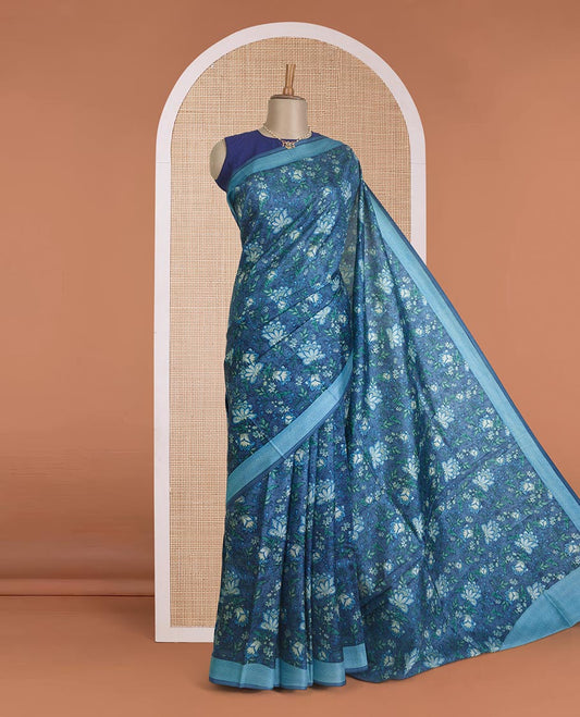 Blue floral vine printed silk saree, contrast border, and pallu of chevron stripes print