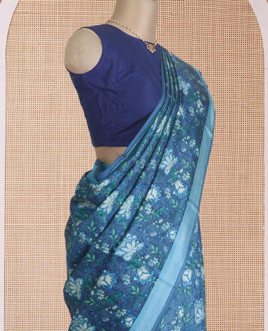 Blue floral vine printed silk saree, contrast border, and pallu of chevron stripes print