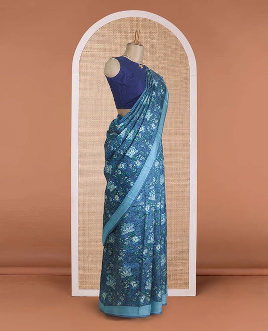 Blue floral vine printed silk saree, contrast border, and pallu of chevron stripes print