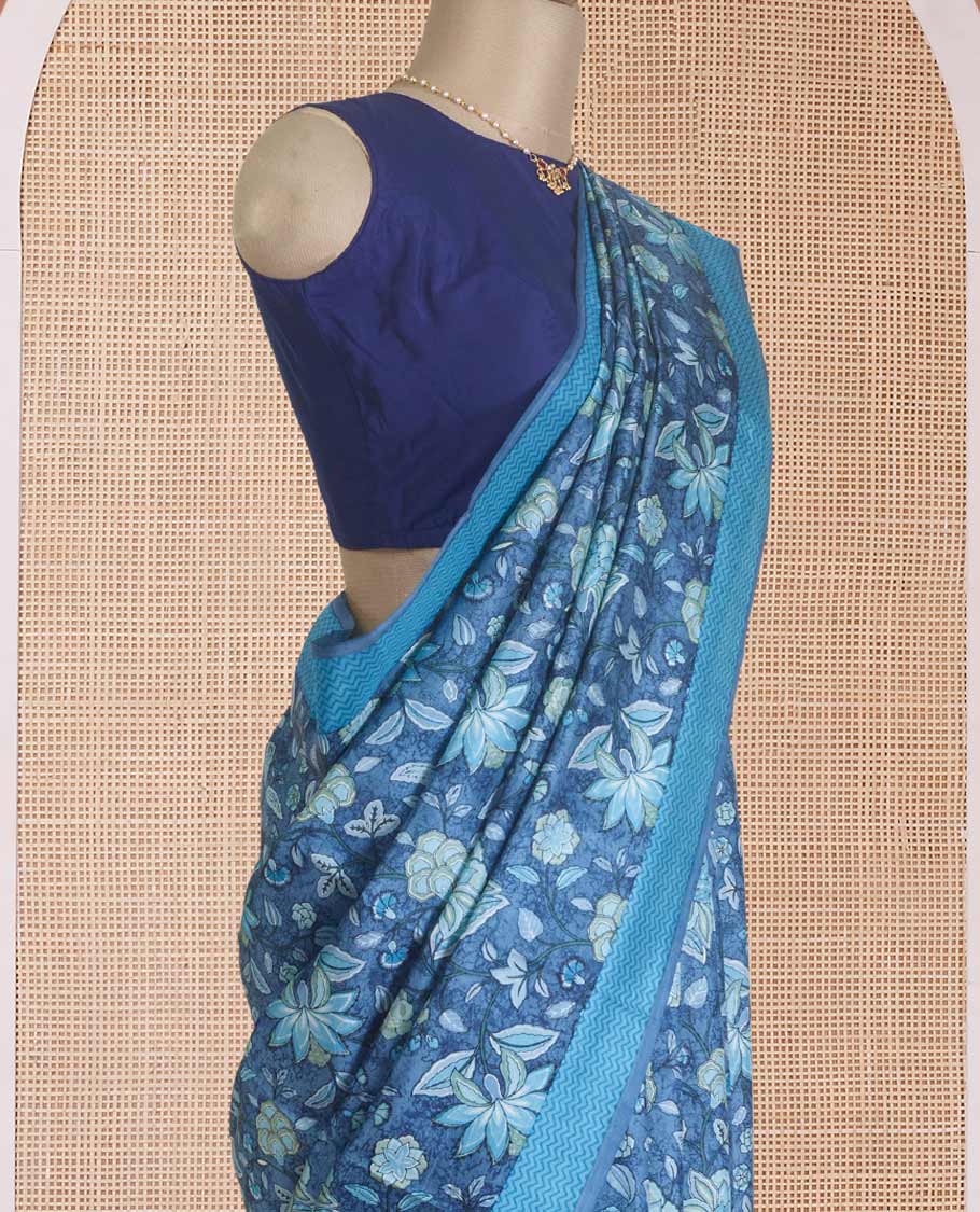 Blue floral vine printed silk saree, contrast border, and pallu of chevron stripes print
