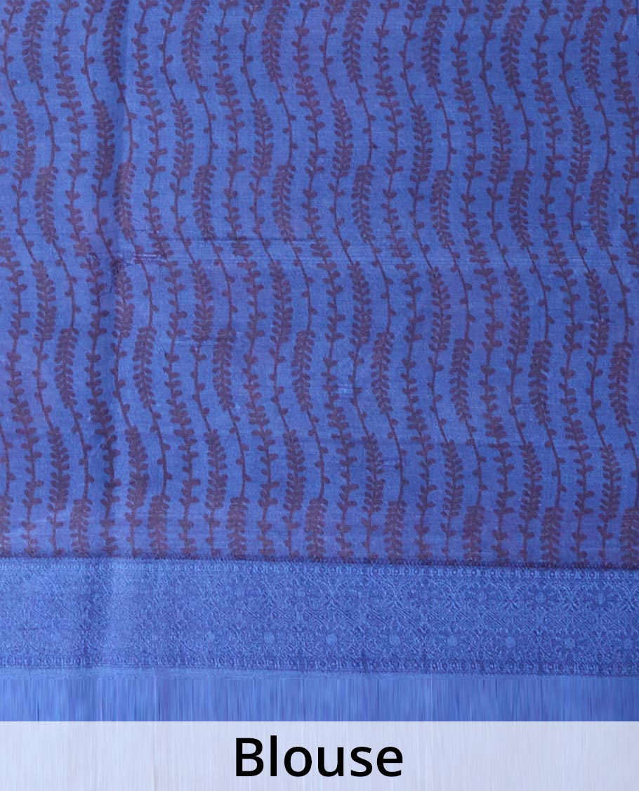 Navy blue micro-checked with floral vine printed silk saree, self-printed border, and pallu of stripes