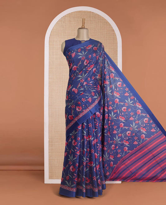 Navy blue micro-checked with floral vine printed silk saree, self-printed border, and pallu of stripes