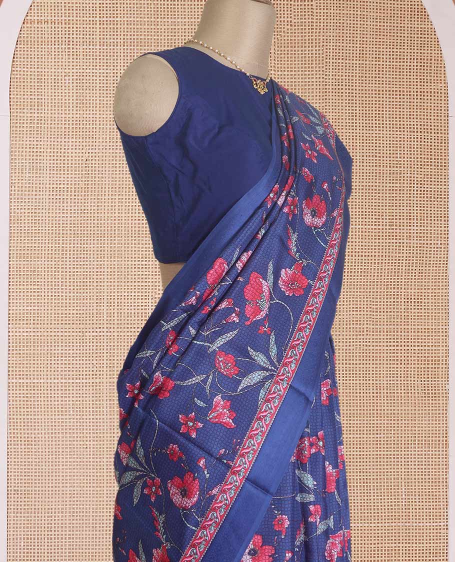 Navy blue micro-checked with floral vine printed silk saree, self-printed border, and pallu of stripes