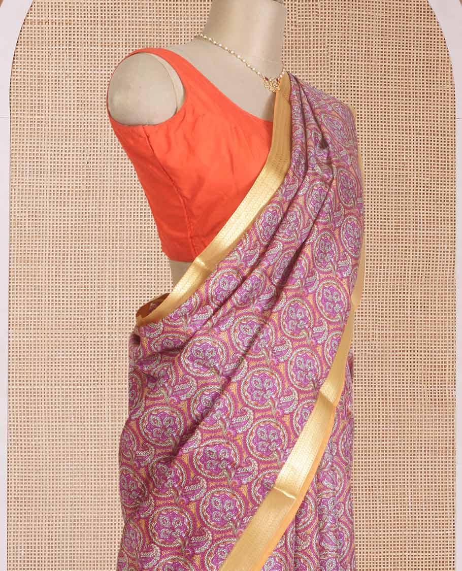 Pink intricate designs printed silk saree, contrast paisley zari motifs border, and printed pallu