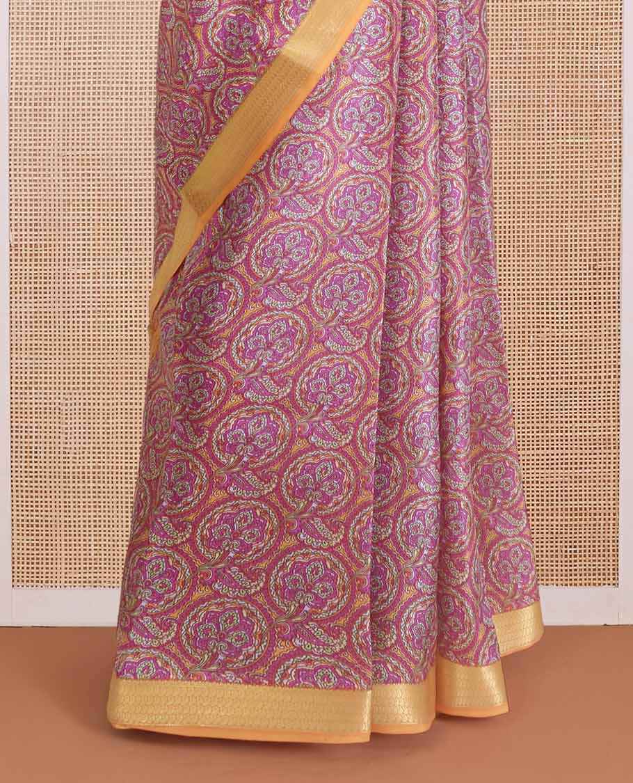 Pink intricate designs printed silk saree, contrast paisley zari motifs border, and printed pallu