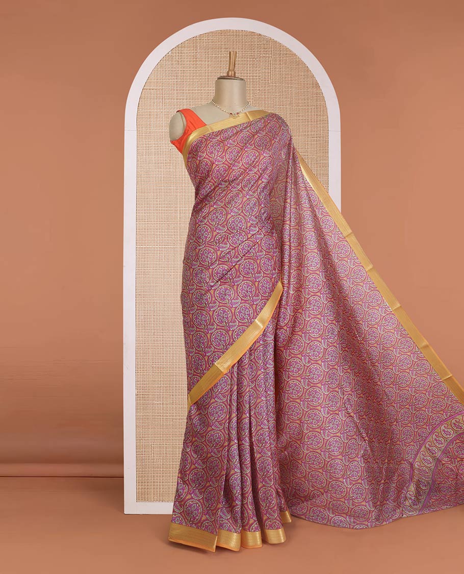 Pink intricate designs printed silk saree, contrast paisley zari motifs border, and printed pallu