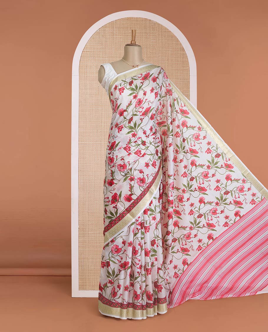 Multi-color micro-checked with floral vine printed silk saree, tarditional zari border, and pallu of stripes