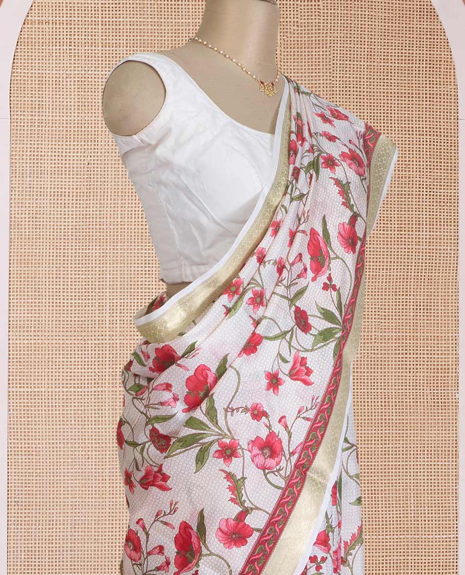 Multi-color micro-checked with floral vine printed silk saree, tarditional zari border, and pallu of stripes