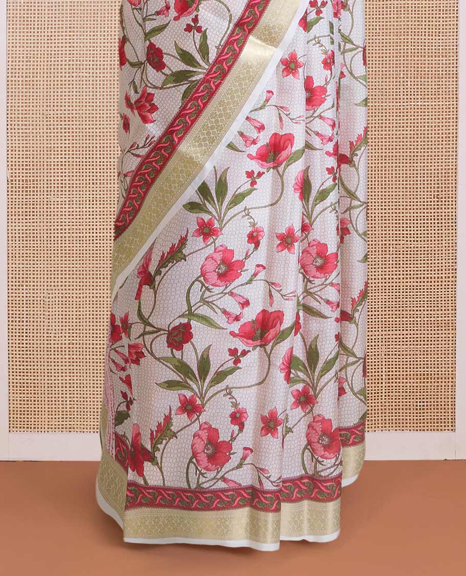 Multi-color micro-checked with floral vine printed silk saree, tarditional zari border, and pallu of stripes