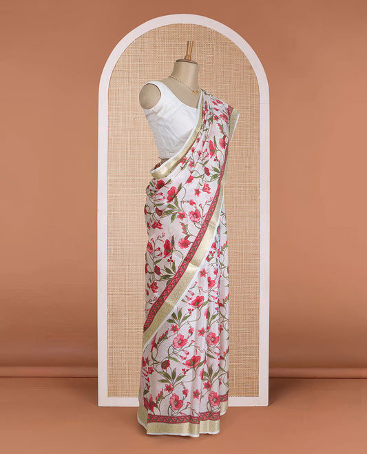 Multi-color micro-checked with floral vine printed silk saree, tarditional zari border, and pallu of stripes