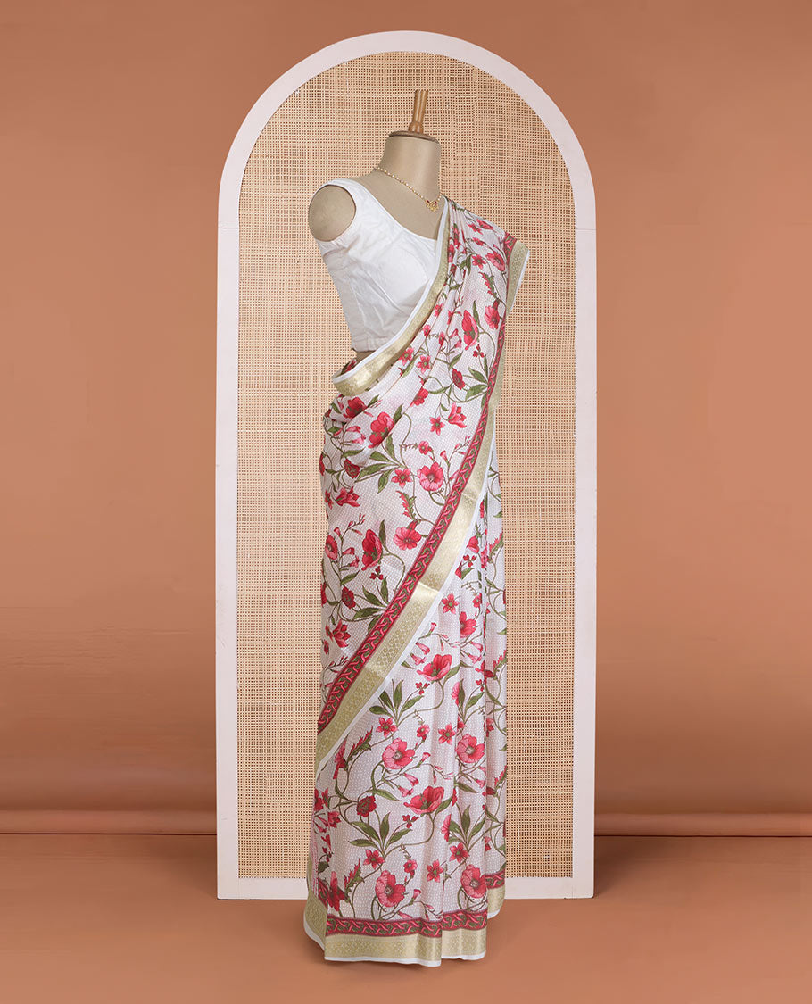 Multi-color micro-checked with floral vine printed silk saree, tarditional zari border, and pallu of stripes