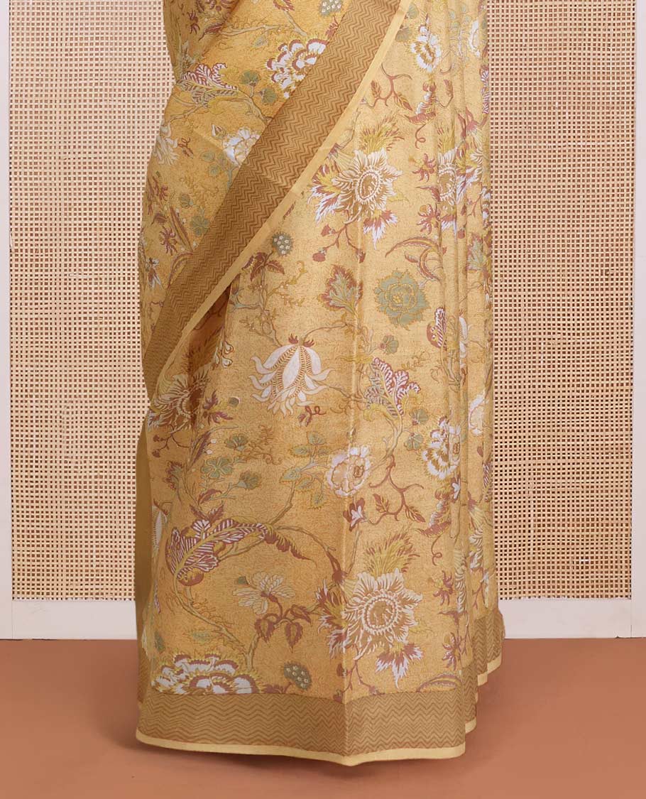Yellow floral vine printed silk saree, contrast border, and pallu of chevron stripes print