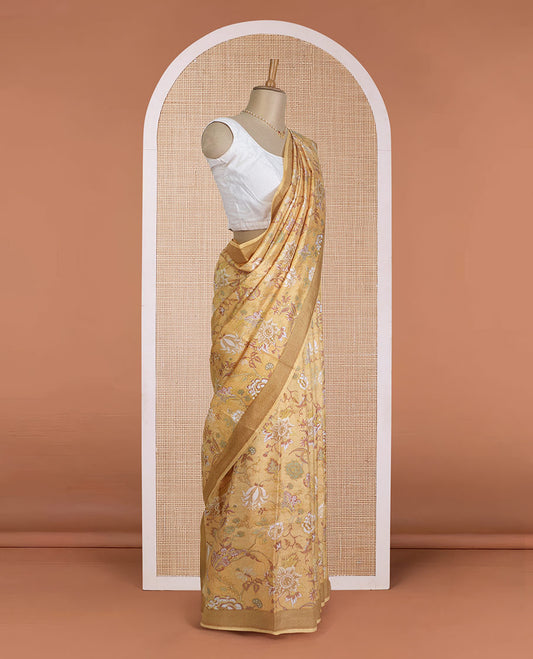 Yellow floral vine printed silk saree, contrast border, and pallu of chevron stripes print