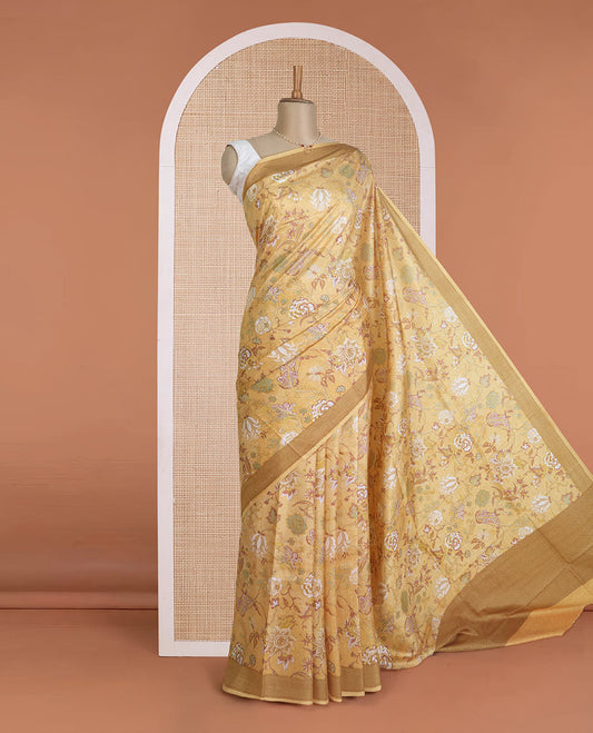 Yellow floral vine printed silk saree, contrast border, and pallu of chevron stripes print