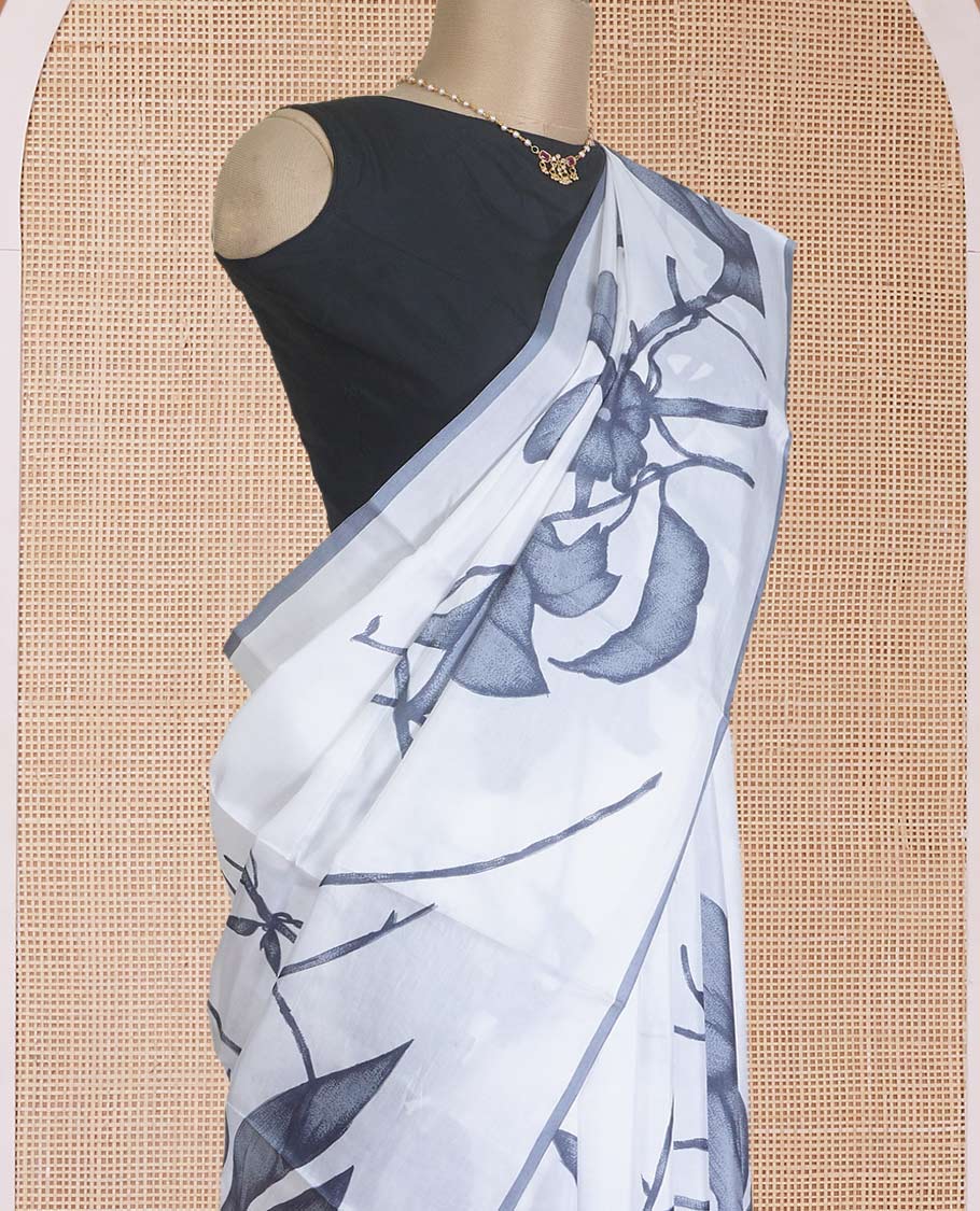 Borderless white and grey floral motifs printed silk saree, floral design pallu