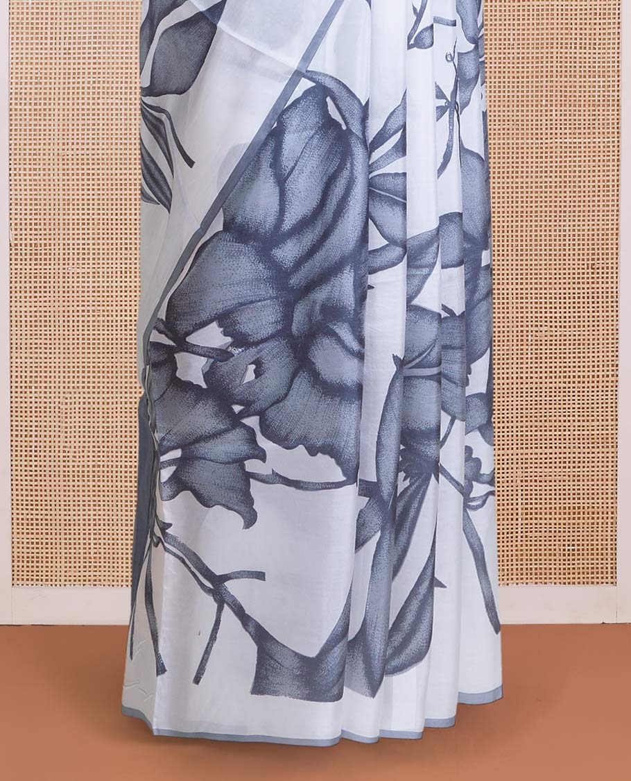 Borderless white and grey floral motifs printed silk saree, floral design pallu