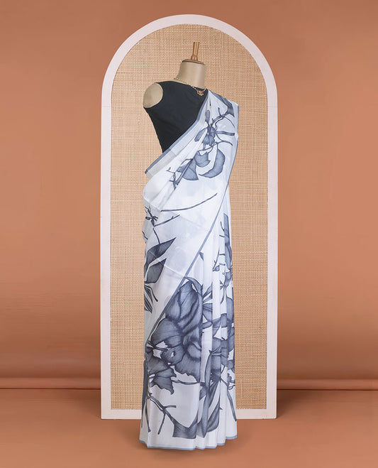 Borderless white and grey floral motifs printed silk saree, floral design pallu