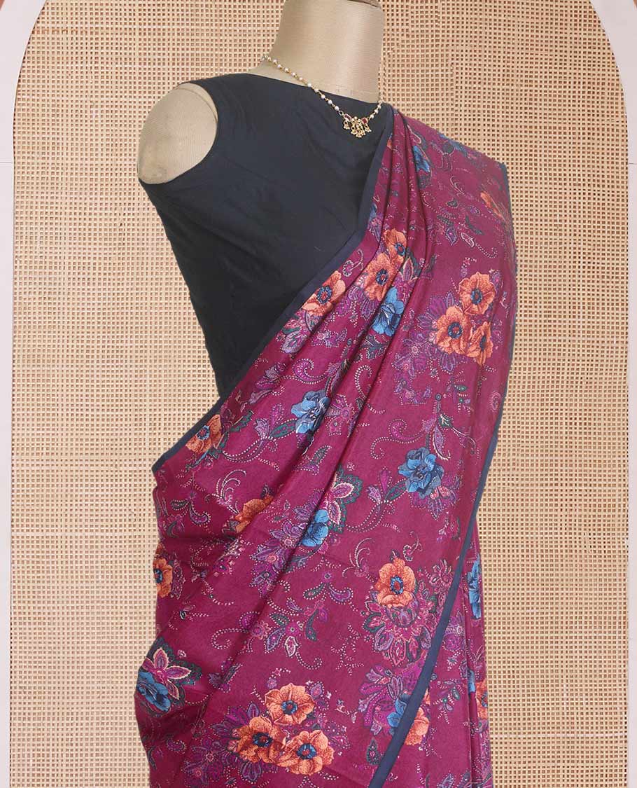 Borderless purple floral vine printed silk saree, contrast thin piping border, and printed pallu