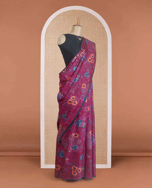 Borderless purple floral vine printed silk saree, contrast thin piping border, and printed pallu