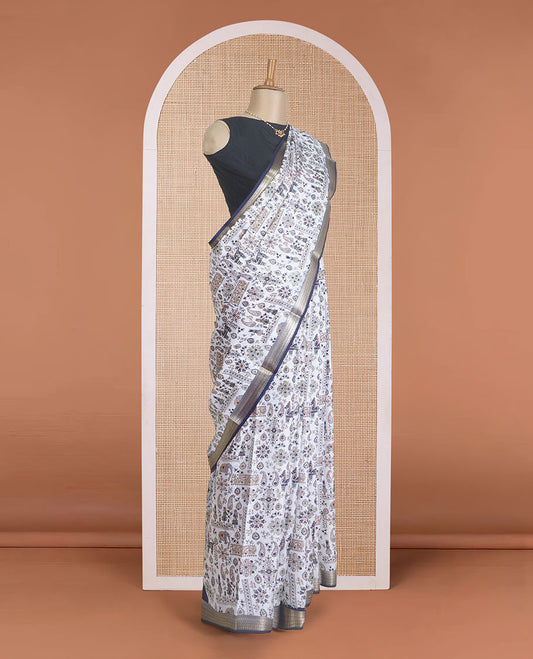 Multi-color paisley and human motifs printed silk saree, contrast zari paisley border, and paisley and human motifs printed pallu