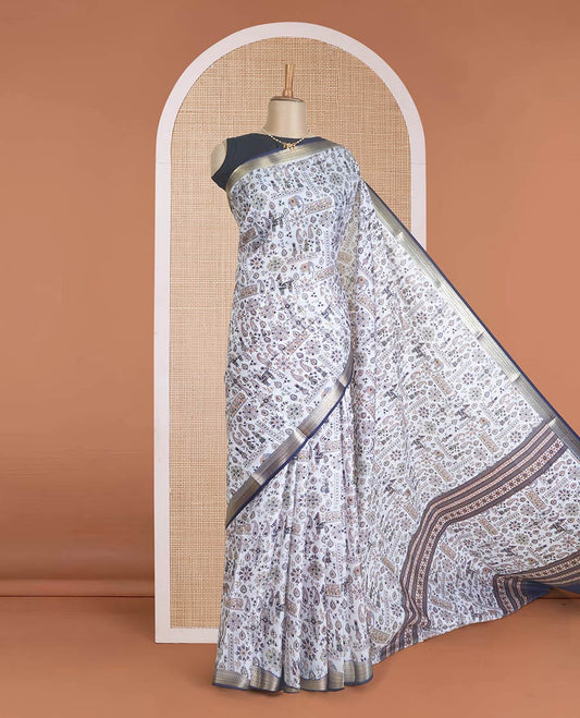 Multi-color paisley and human motifs printed silk saree, contrast zari paisley border, and paisley and human motifs printed pallu