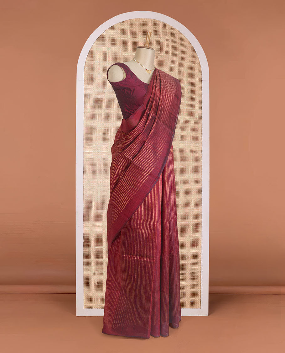 Borderless maroon dupion silk saree with stripes, and polka dots, zari rich pallu