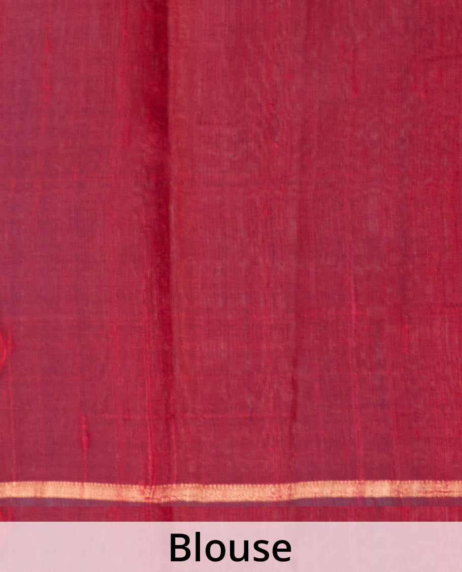 Maroon dupion silk saree with buttas, geometric patterned border, and zari rich pallu