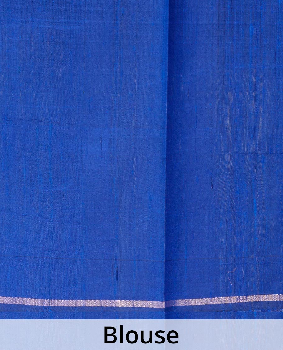 Blue plain dupion silk saree, zari border and pallu of temple, and geometric designs