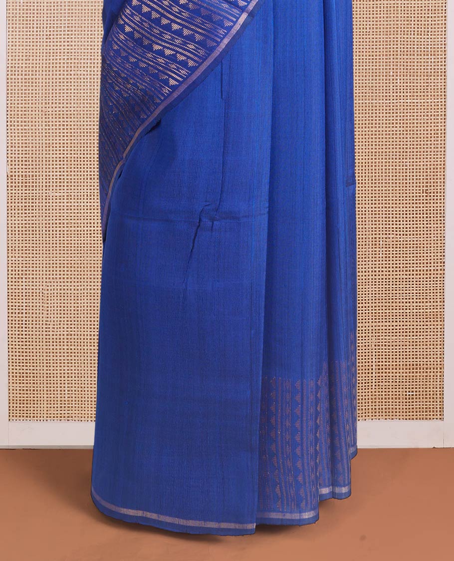 Blue plain dupion silk saree, zari border and pallu of temple, and geometric designs